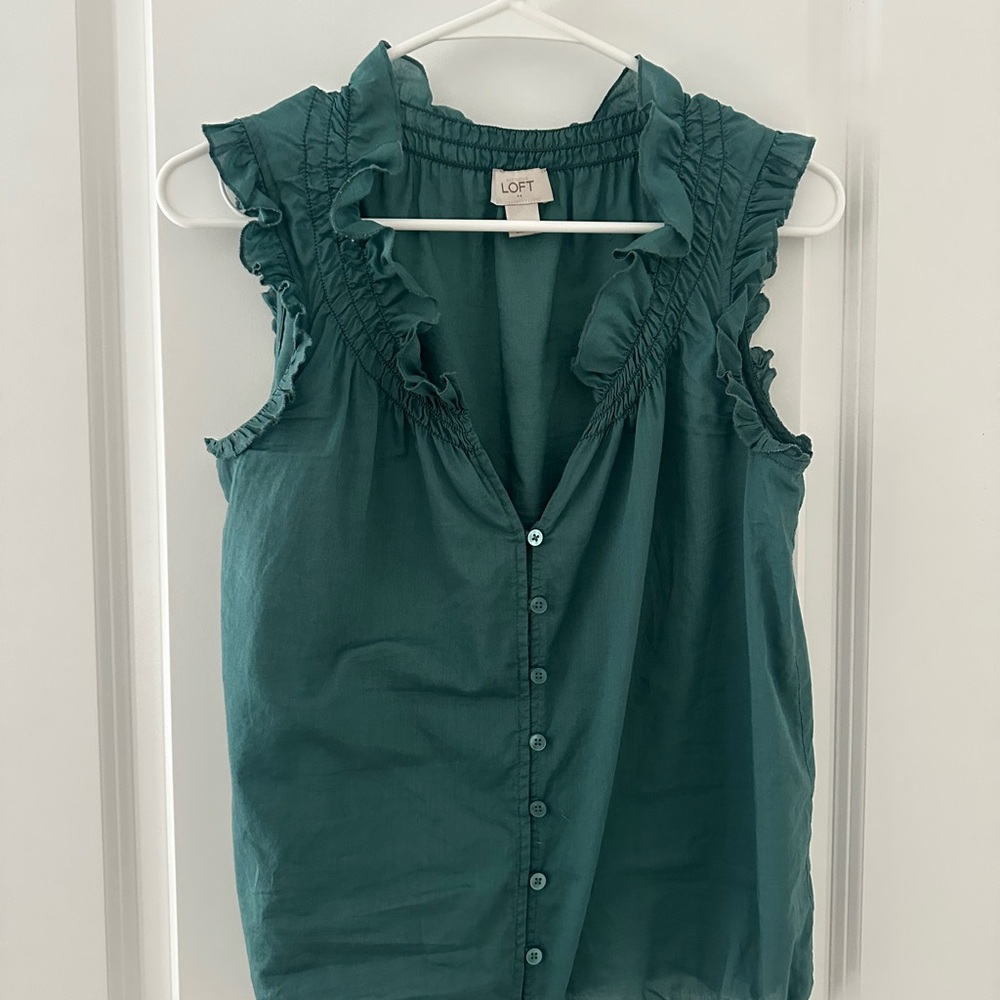 LOFT Teal Ruffle Button-Down Blouse